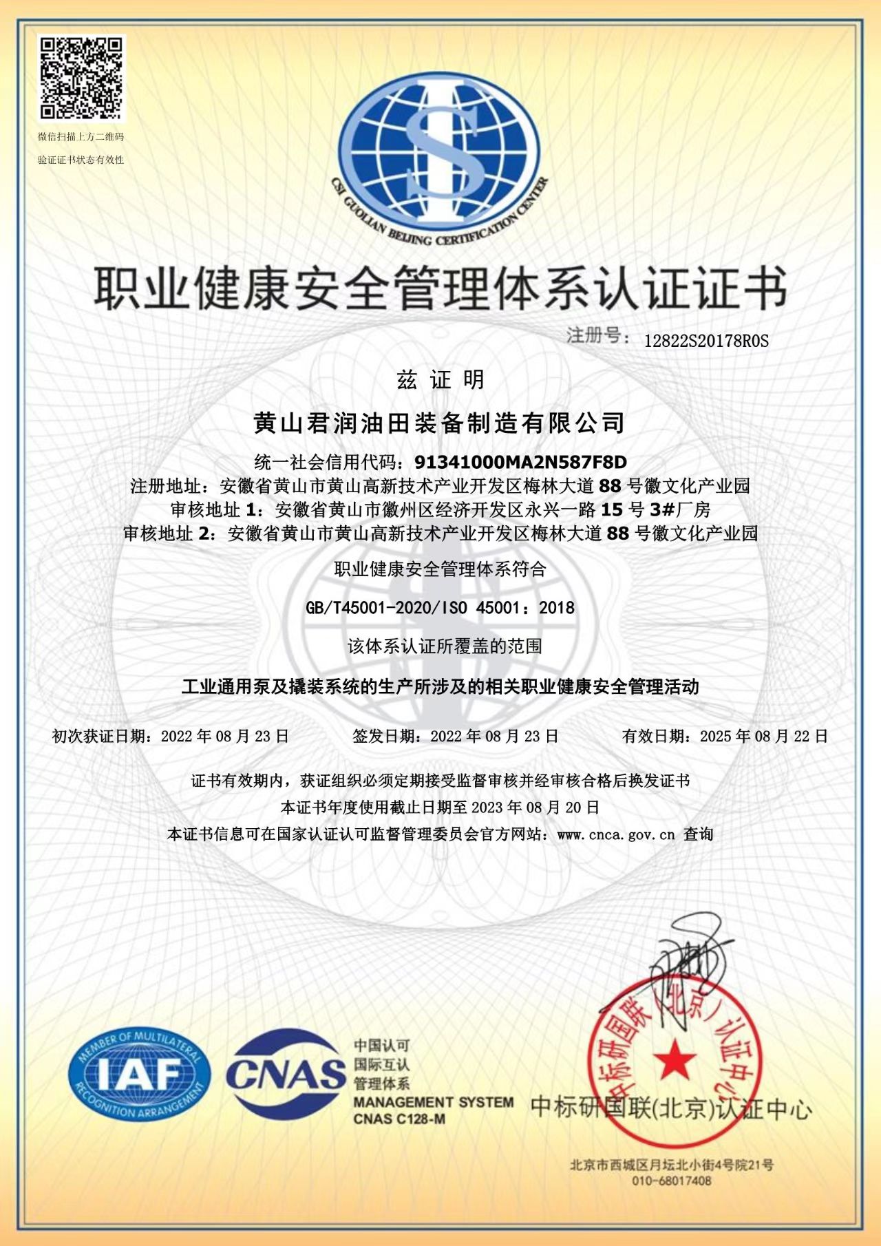 職業健康體系證書